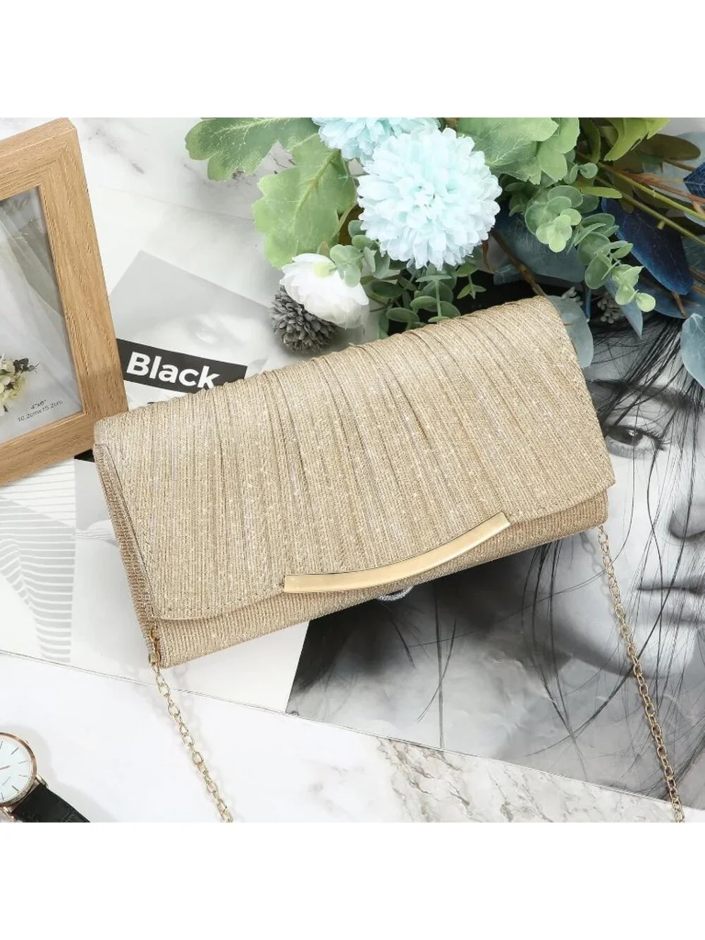 Women's Champagne Gold Clutch Purse Formal Evening Bag Wedding Party Handbag